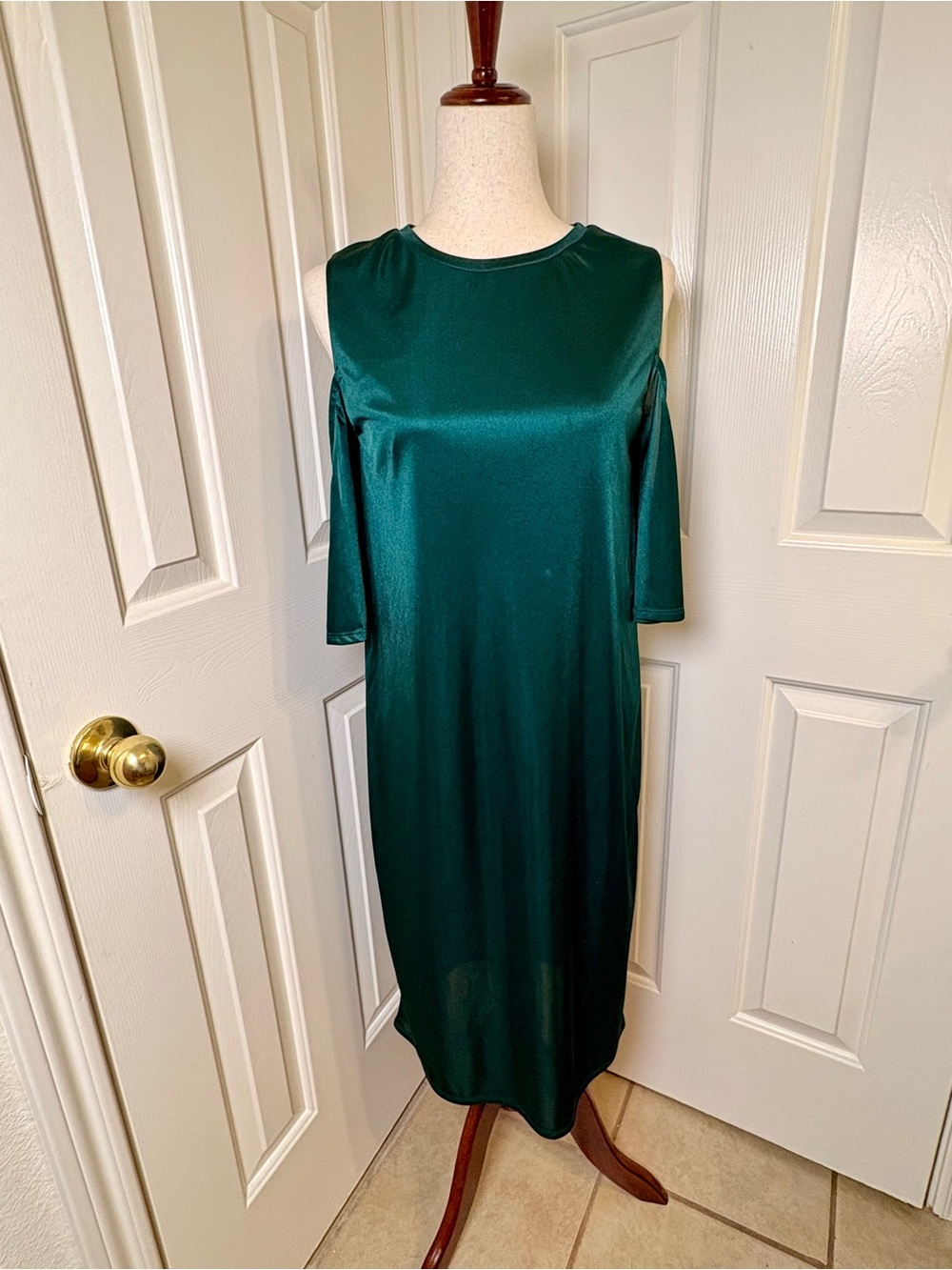 ZARA TRF Emerald Green Satin Midi Dress Cold Shoulder Evening Formal Small NWT